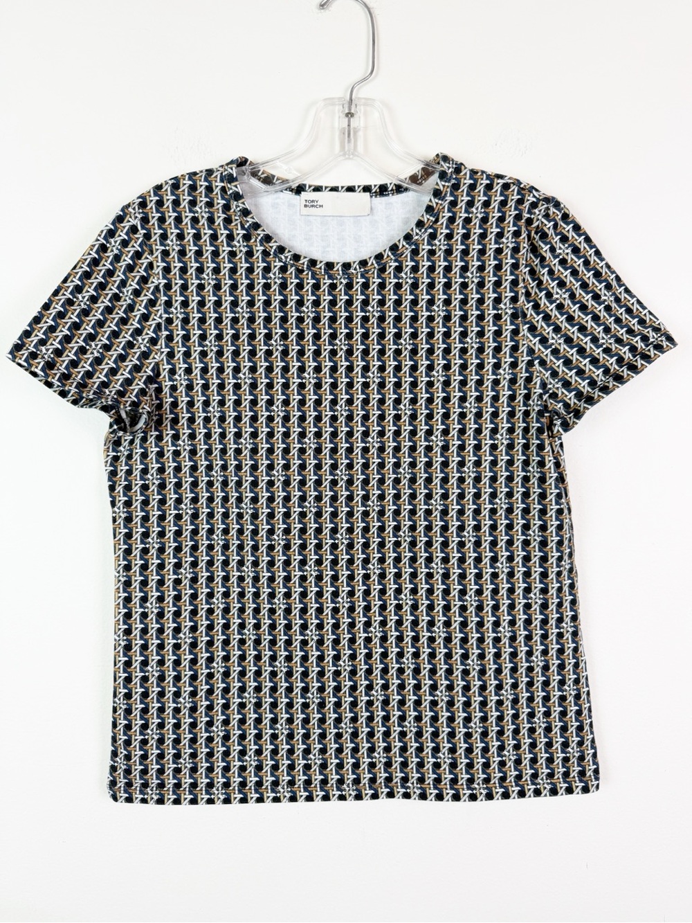 Tory Burch Logo-Lattice Cotton Short Sleeve T-Shirt in Navy & Camel Size S